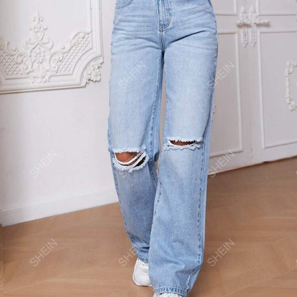 Shein straight leg distressed jeans blue Size Medium Tall